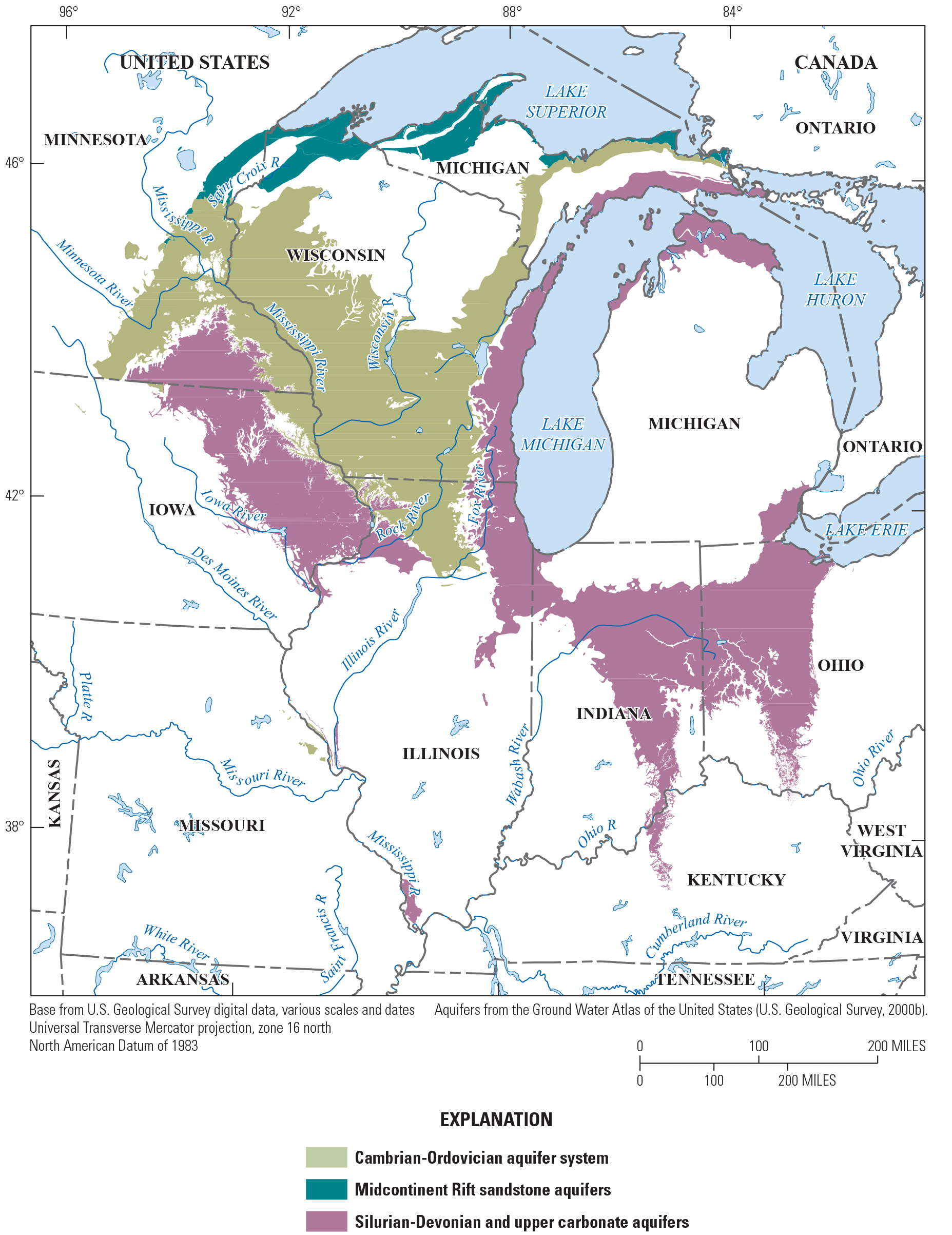 The new, more detailed extents of the Cambrian-Ordovician aquifer system, the Midcontinent
                        Rift sandstone aquifers, and the Silurian-Devonian and upper carbonate aquifers in
                        Minnesota, Iowa, Wisconsin, Michigan, Illinois, Indian, Ohio, and Kentucky.