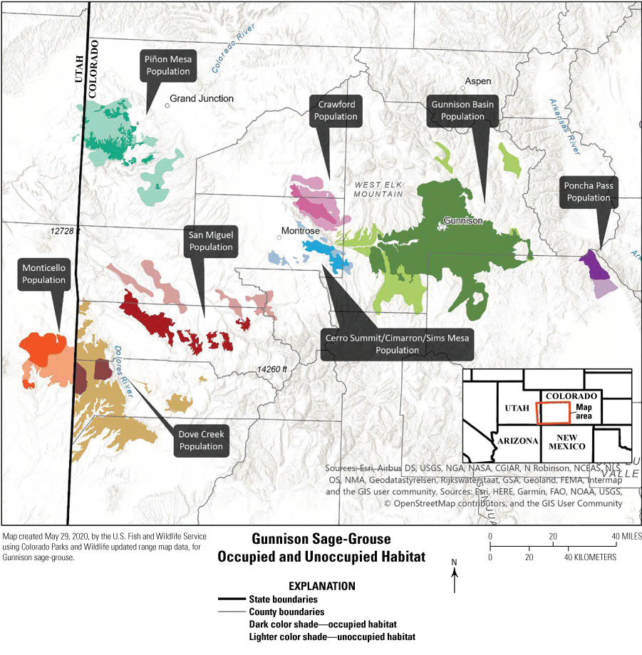 Current distribution of the eight Gunnison sage-grouse populations in Colorado and
                     Utah.