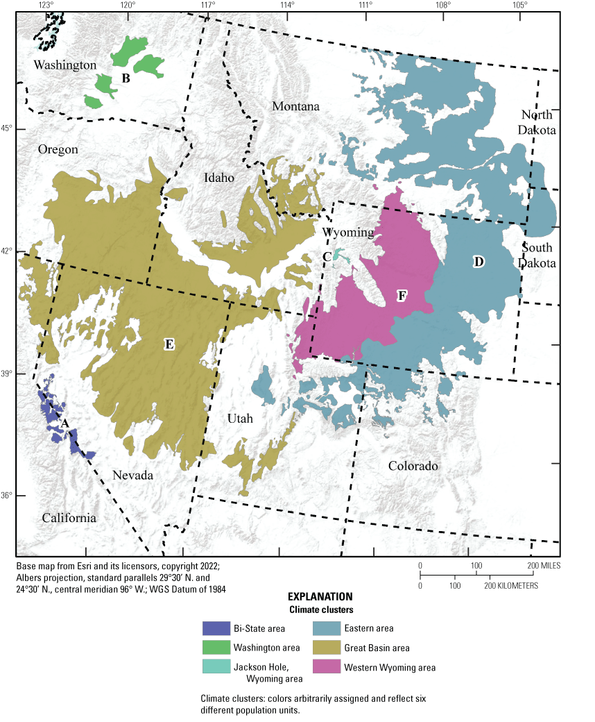 The six climate clusters shown are Bi-State area; Washington area; Jackson Hole, Wyoming,
                     area; eastern area; Great Basin area; and western Wyoming area