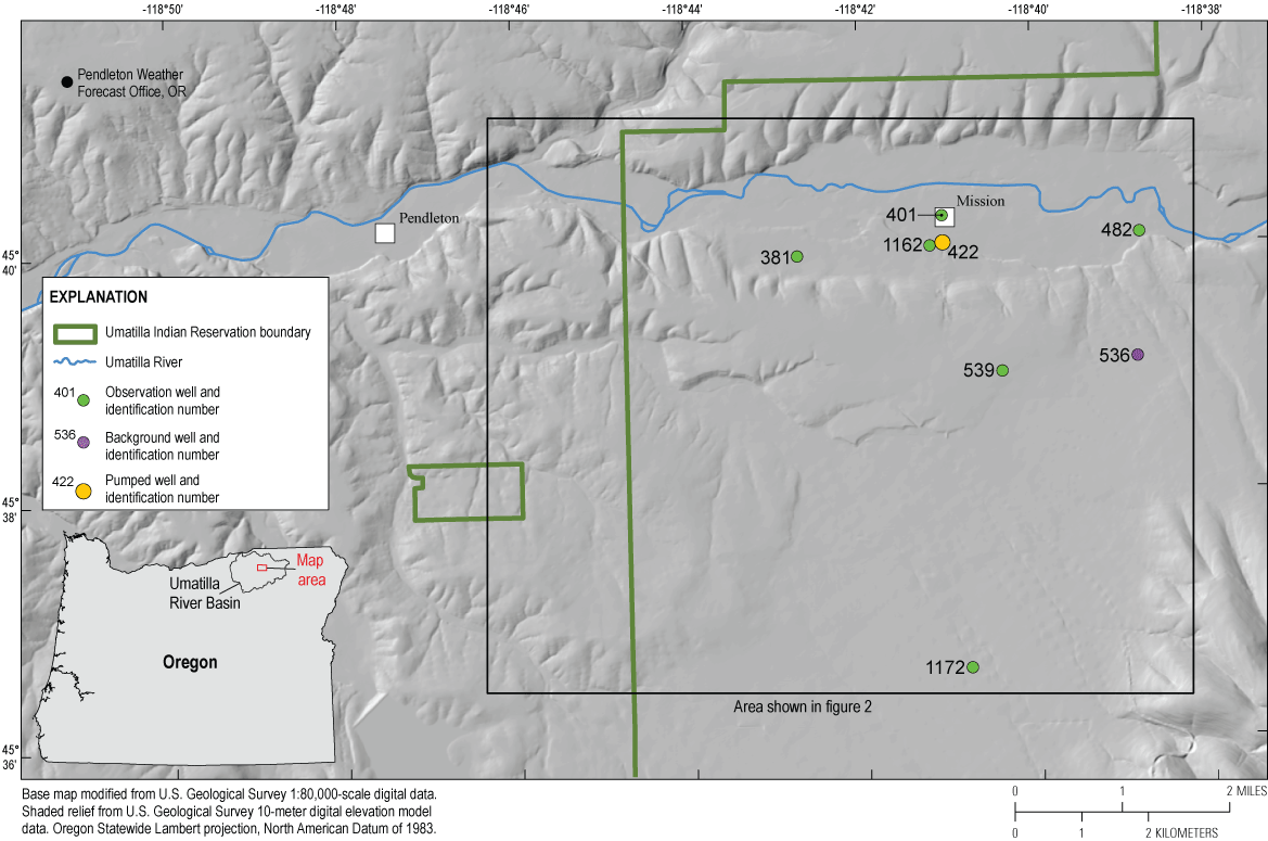 Extent of the larger study area showing pumping, observation, and background wells
                     within the Umatilla Indian Reservation boundary and the Pendleton Weather Forecast
                     Office to the northeast of the Reservation boundary.