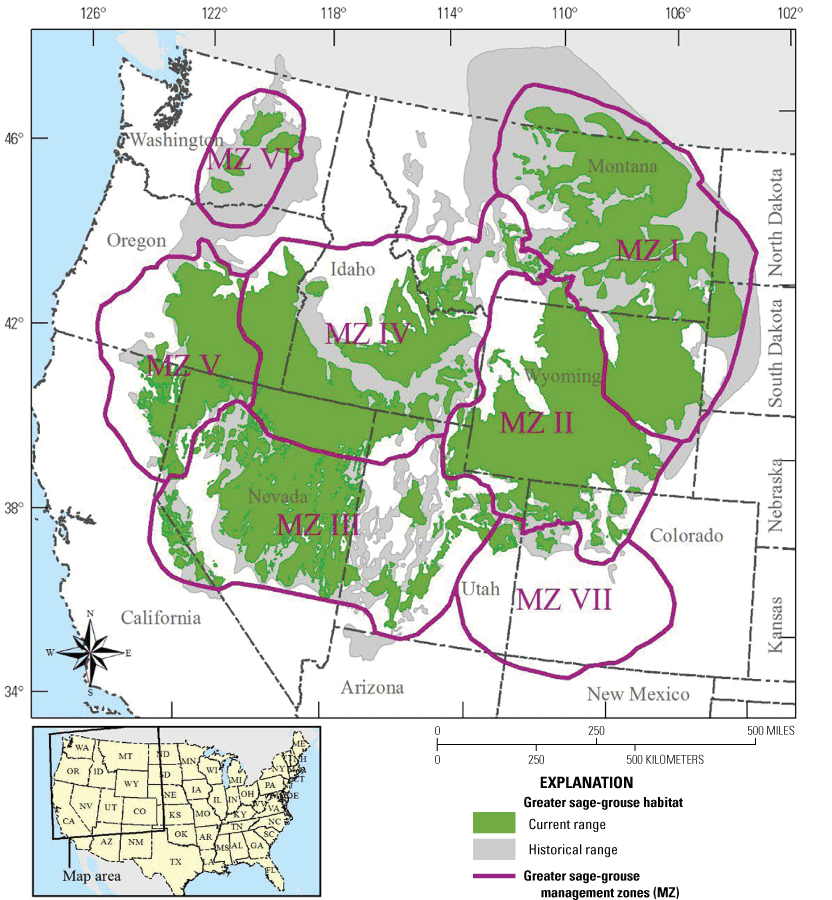 Figure 2. Map of the western United States showing the current and historical distribution
                     of greater sage-grouse and the seven management zones.