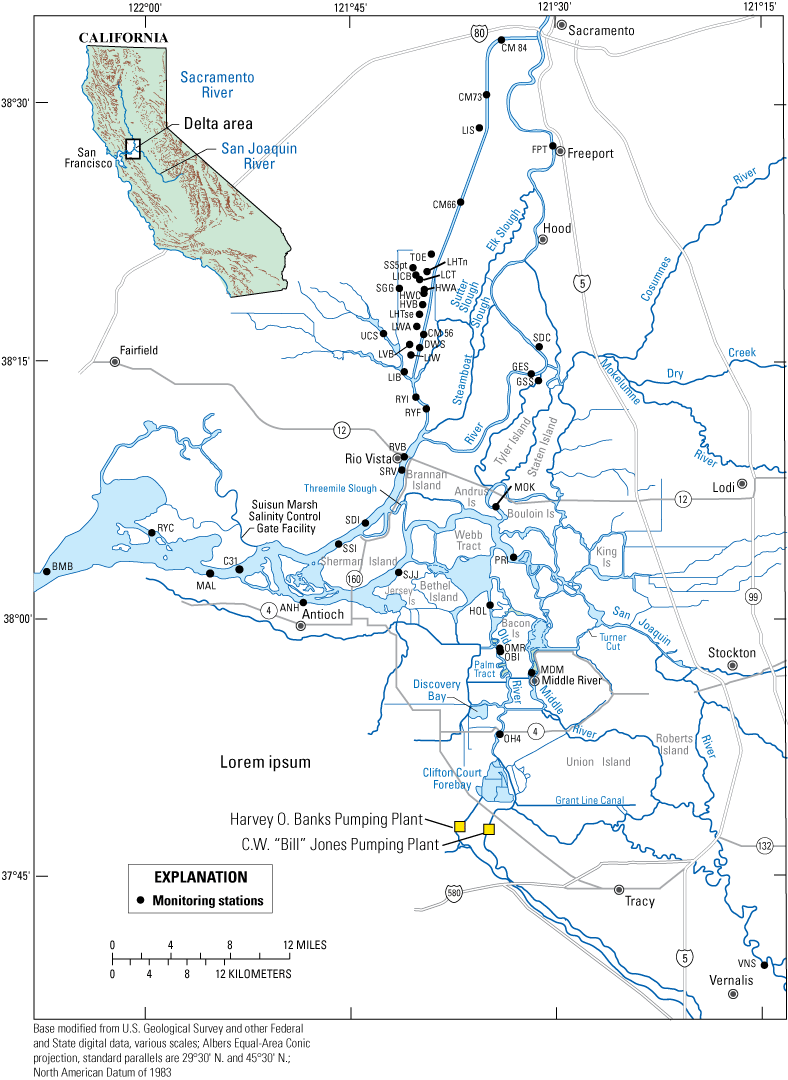 6.	An overview of the Sacramento–San Joaquin Delta showing the flow and water-quality
                        measurement stations.