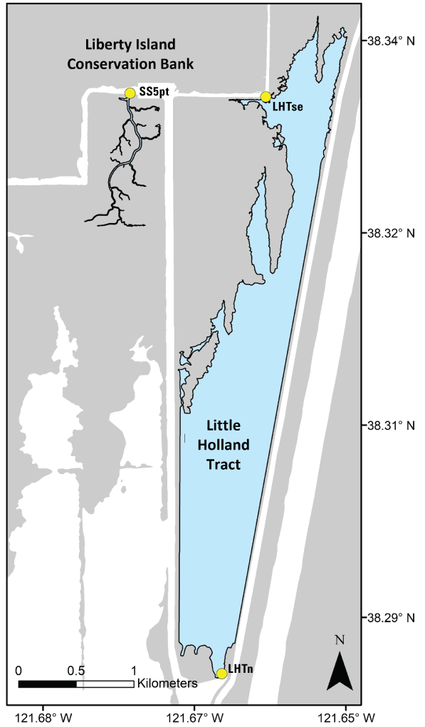 69.	Overview of the Little Holland Tract and Liberty Island Conservation Bank with
                              the locations of streamgages.