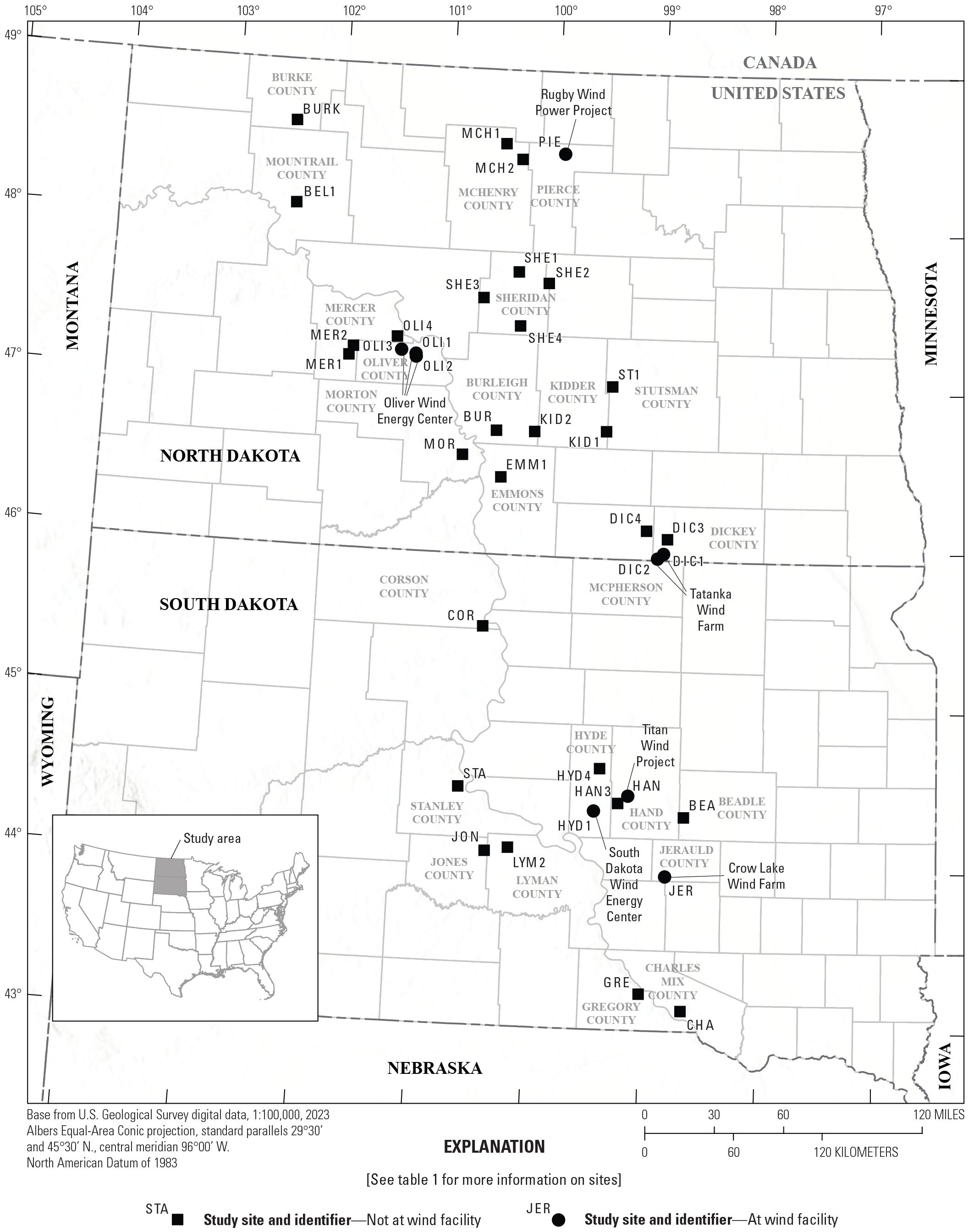 Map of North Dakota and South Dakota showing locations of study sites used to develop
                     models for grouse lek information