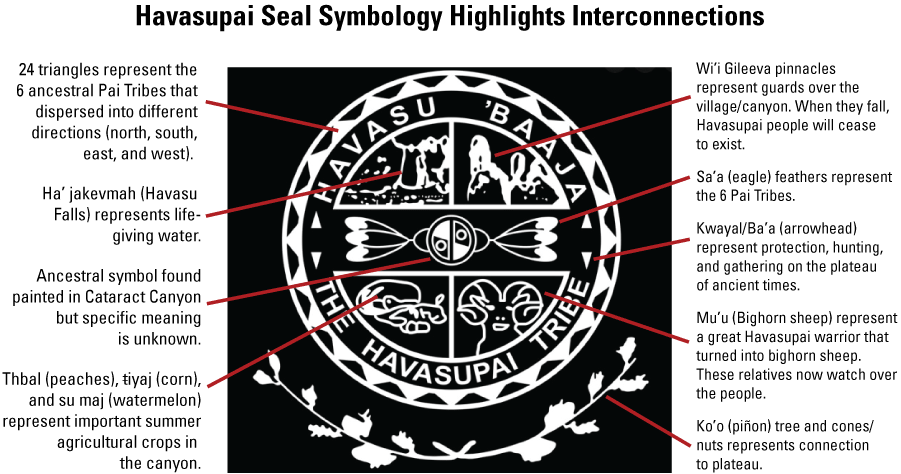 Black and white Havasupai Tribal seal with descriptions of components.