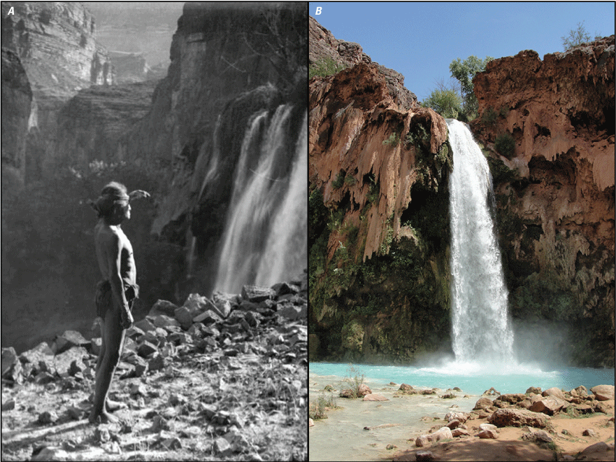 Black and white photograph of Havasupai man standing in front of waterfall next to
                     a color photograph of the same waterfall in 2016.