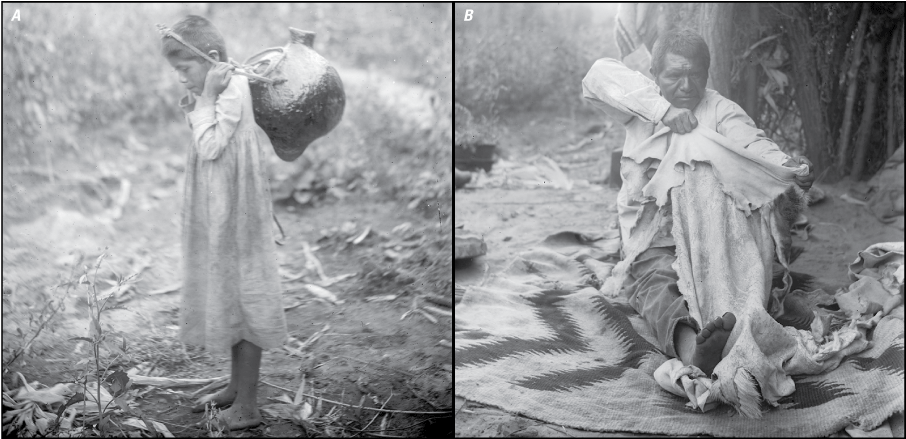 Black and white photographs of Havasupai girl with a water jug and Havasupai man tanning
                        a deer hide.