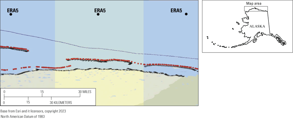 5.	The diagram demonstrates how the output locations and ERA5 locations for the reconstruction
                        of the nearshore time series were chosen.