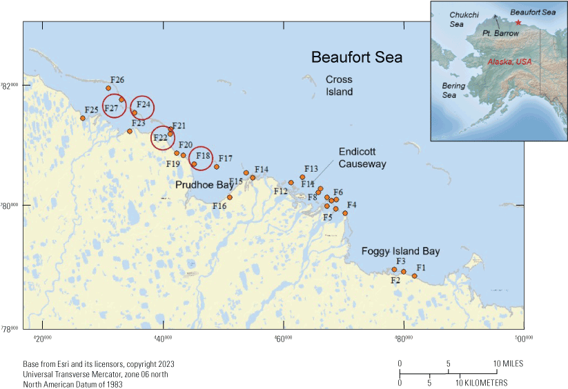 14.	Numbers indicate all historical observation locations. Red circles mark the four
                        locations that were used for the model-observation comparison in this study.