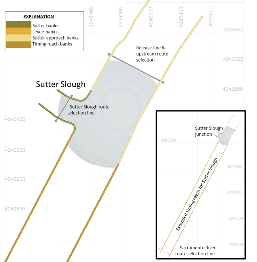 Sutter Slough bank avoidance terms are applied to individual portions of the riverbanks.
                     The length of the extended timing reach used to account for travel time between Sutter
                     and Steamboat Sloughs is shown.