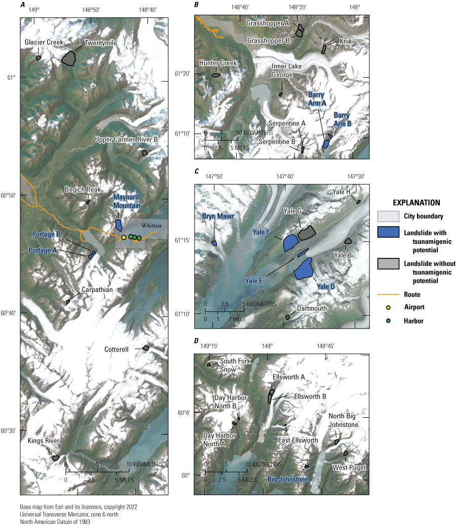 Detailed views of Prince William Sound landslide locations.