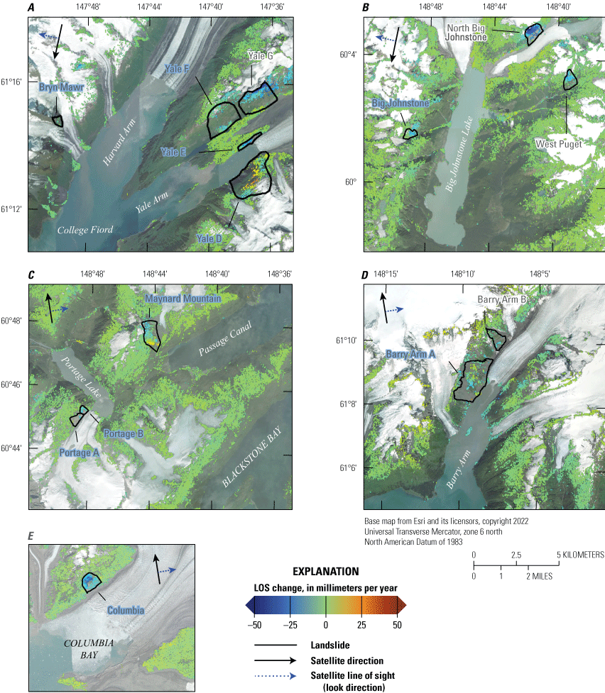 Example persistent scatterer interferometric synthetic aperture radar results for
                     landslides with tsunamigenic plausibility in Prince William Sound.