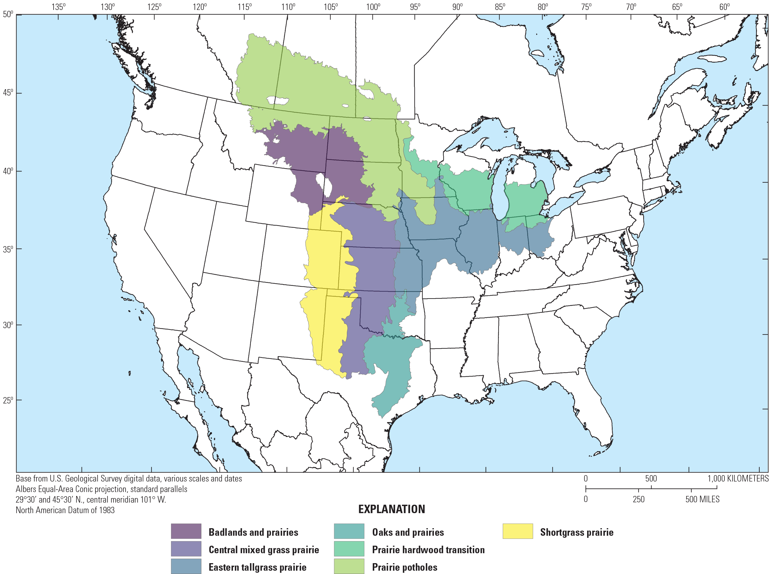 Figure showing the study area, which is comprised of seven Bird Conservation Regions
                        associated with grassland ecosystems.