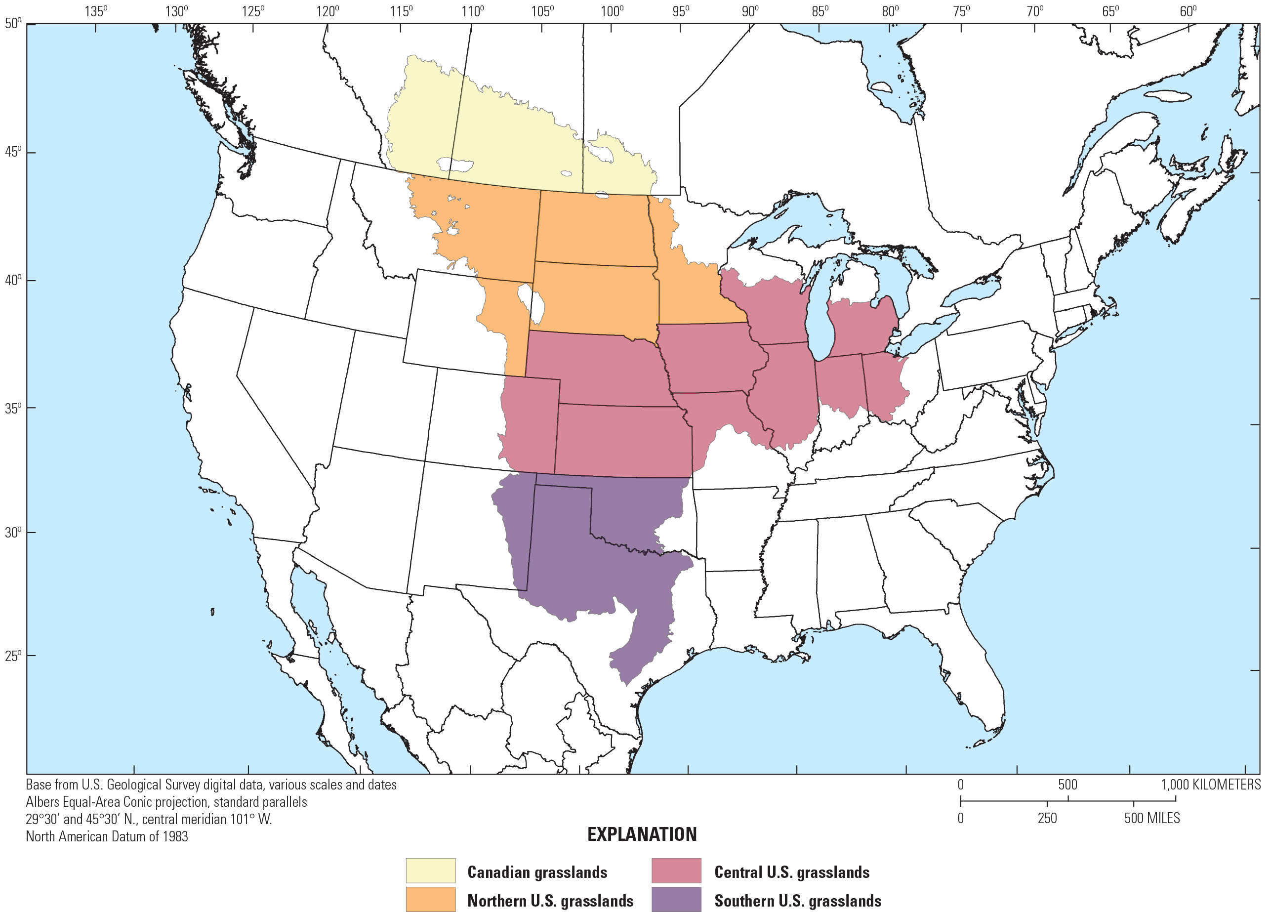 Figure showing the four author-defined regions used to summarize seasonal occurrence
                        and nesting phenology information for grassland birds.