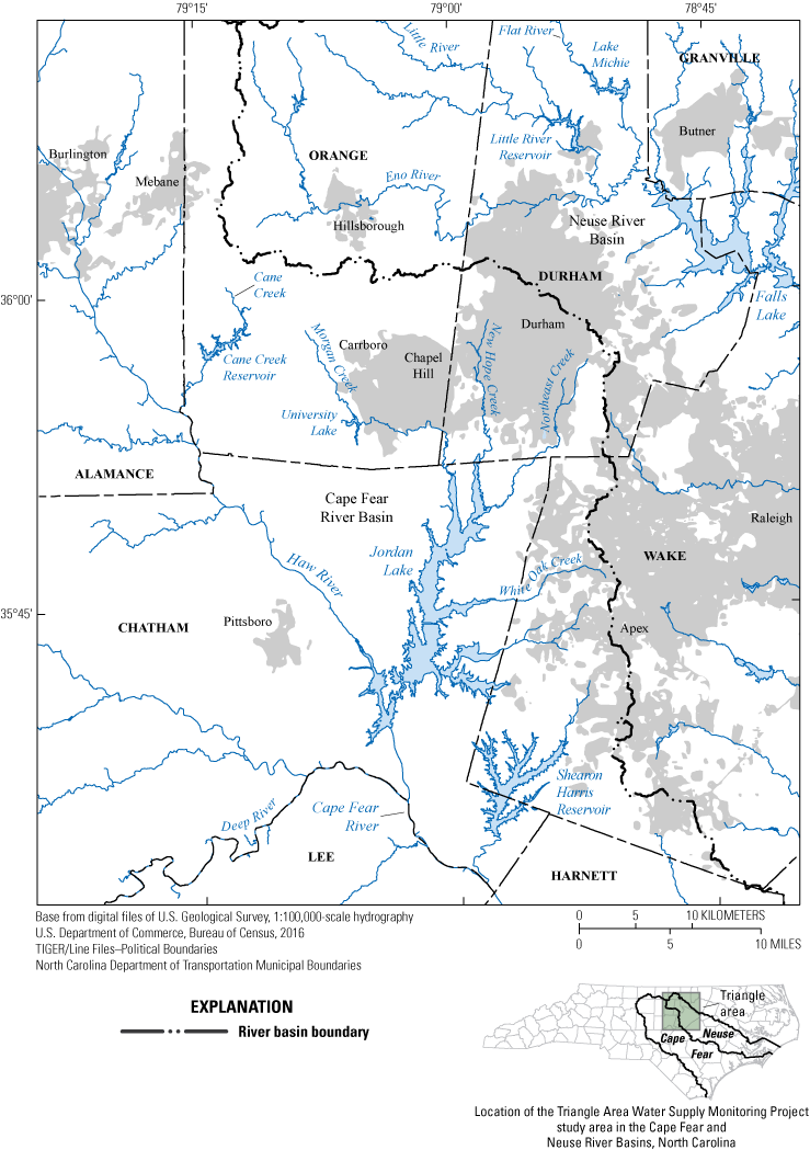 Figure 1. The study area is adjacent to Orange, Granville, Durham, Wake, Harnett,
                     Lee, Chatham, and Alamance Counties.