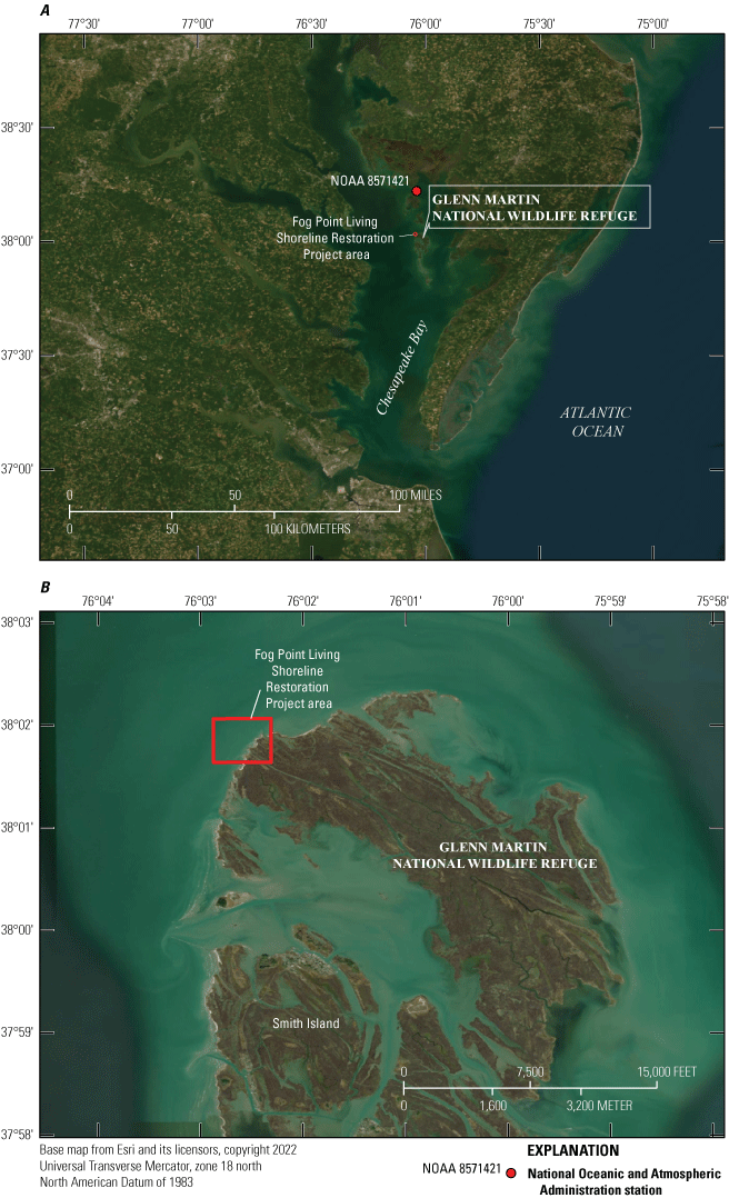 Figure 1. Maps showing Fog Point Living Shoreline Restoration Project area in Glenn
                        Martin National Wildlife Refuge, Maryland.