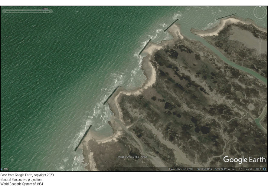 Figure 4. Image showing headland-breakwater-embayment pattern in Fog Point Living
                        Shoreline Restoration Project study area.