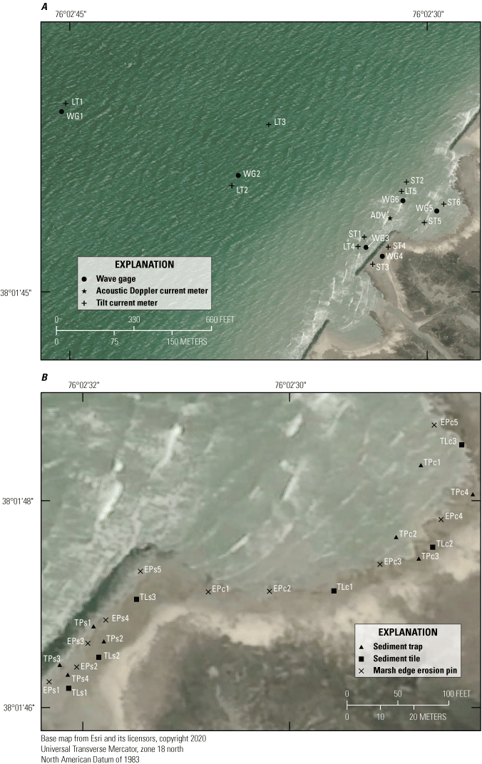 Figure 6. Aerial images show various gage, meter, tile, trap, and marsh edge erosion
                        pin locations in study area.
