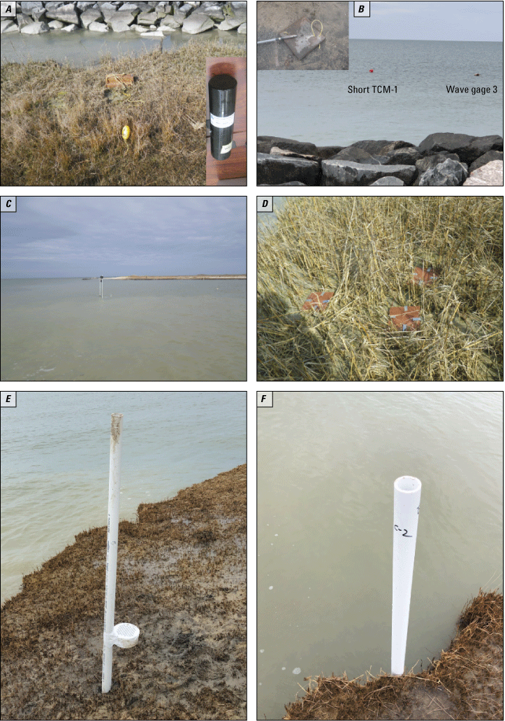 Figure 7. Photos show field deployment of various gages, meters, cameras, sediment
                        tiles, sediment traps, and marsh edge erosion pins.