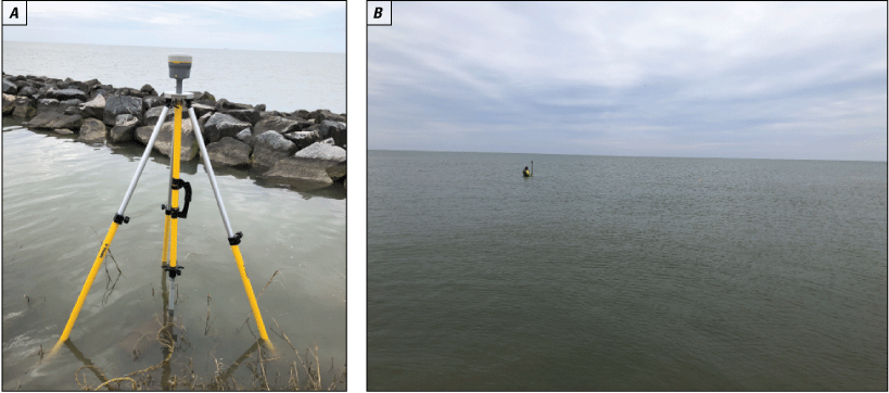 Figure 8. Photos show a Global Positioning System being used to measure elevation
                        of wave gages behind breakwater and in embayment.