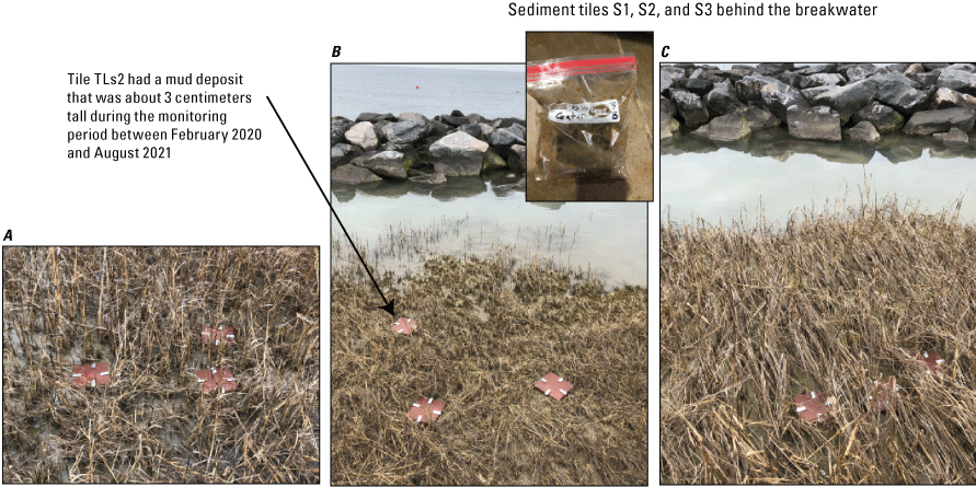 Figure 16. Photos show sediment tiles deployed behind the breakwater and a plastic
                        bag containing collected mud.