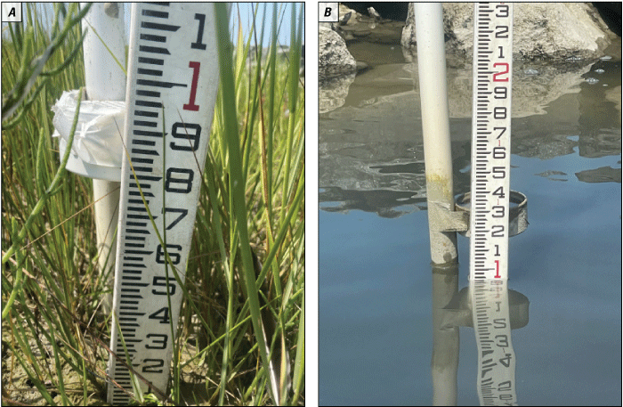 Figure 18. Photos show vertical accretion or deposition measured with sediment traps
                        behind the breakwater at TPs4 and TPs3.