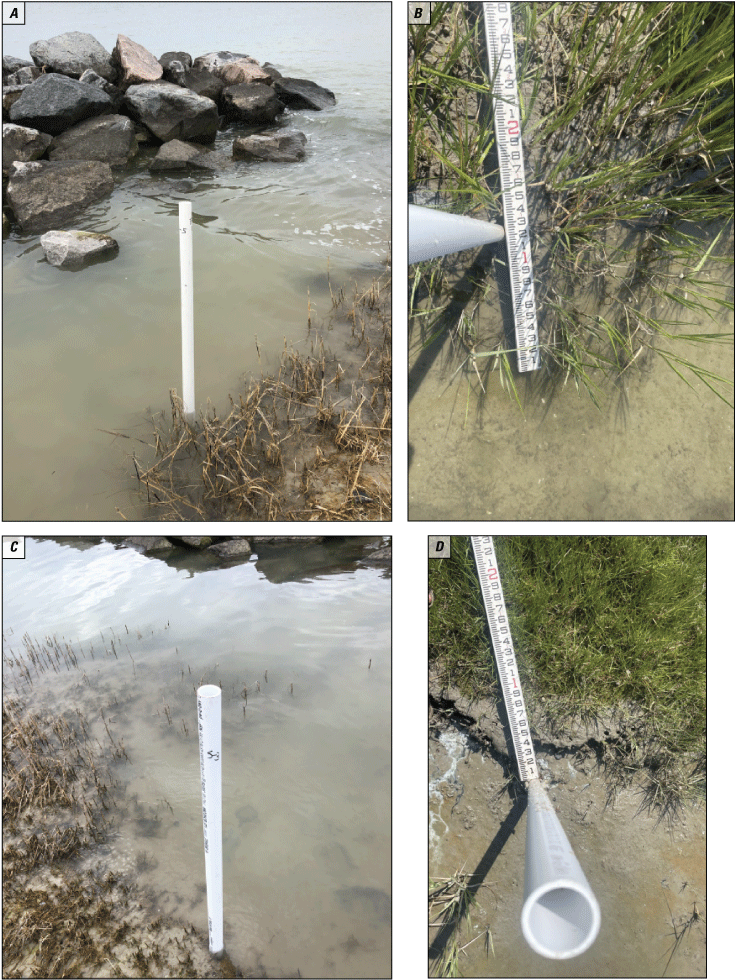 Figure 19. Photos show lateral marsh accretion at Eps5 behind the breakwater during
                        deployment and erosion at Eps3 during retrieval.