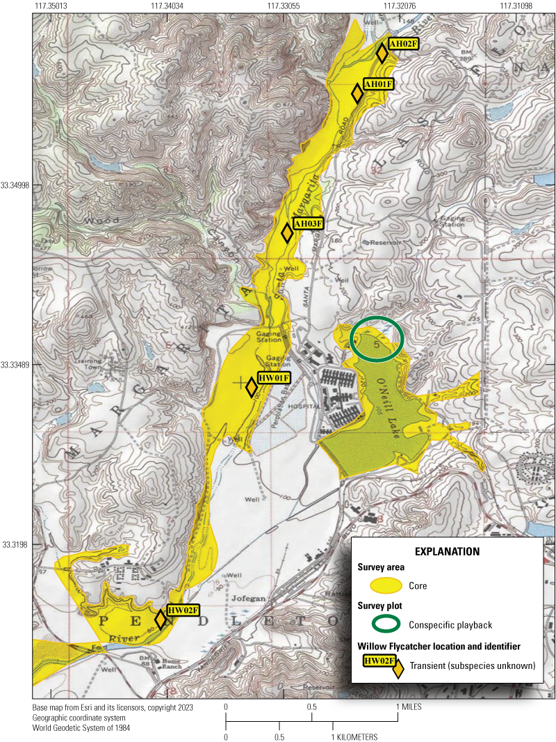 2.1. Overview of the study area with core survey areas shown in yellow, one conspecific
               playback plot shown as a green circle, and transient flycatchers shown as yellow diamonds.