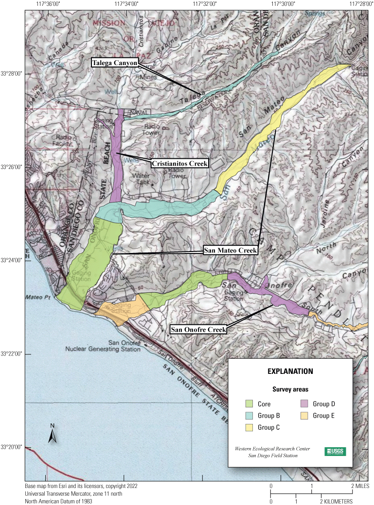 1.4. Topographic map with colored polygons demarcating survey areas.