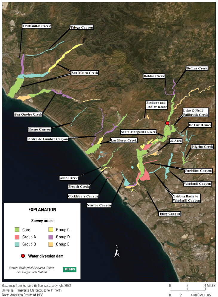 1. Aerial view of Camp Pendleton with colored polygons depicting survey areas.