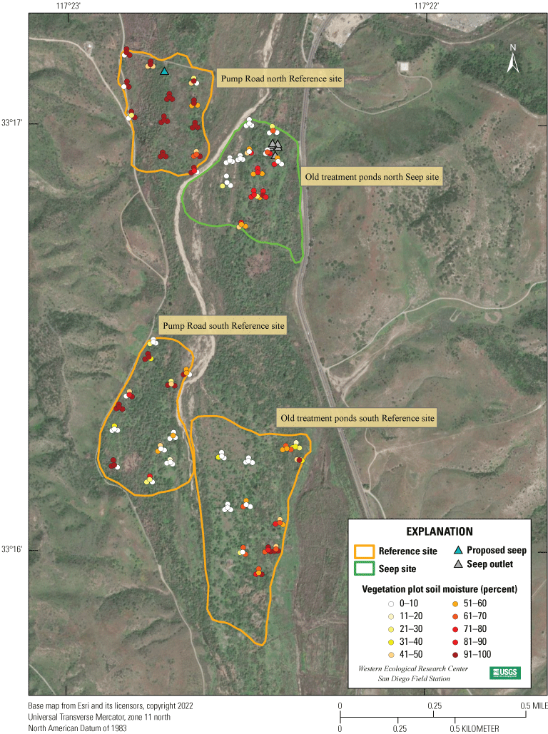 7. Aerial view of Santa Margarita River, colored polygons demarcate monitoring sites,
                        and colored dots show soil moisture at plots scattered throughout polygons.