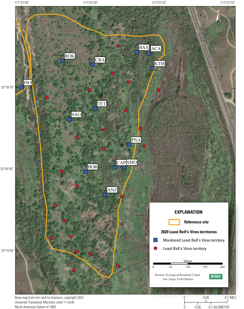 8. Aerial view of monitoring site, colored dots indicate vireo territories.