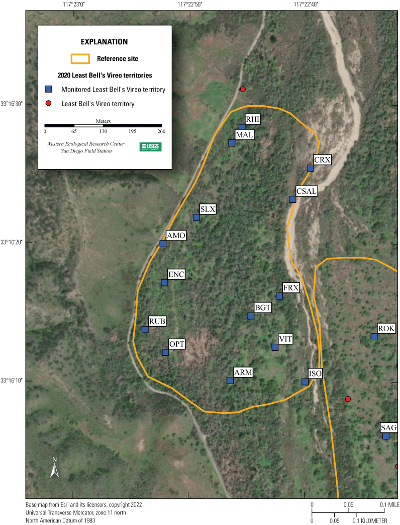 9. Aerial view of monitoring site; colored dots indicate vireo territories.