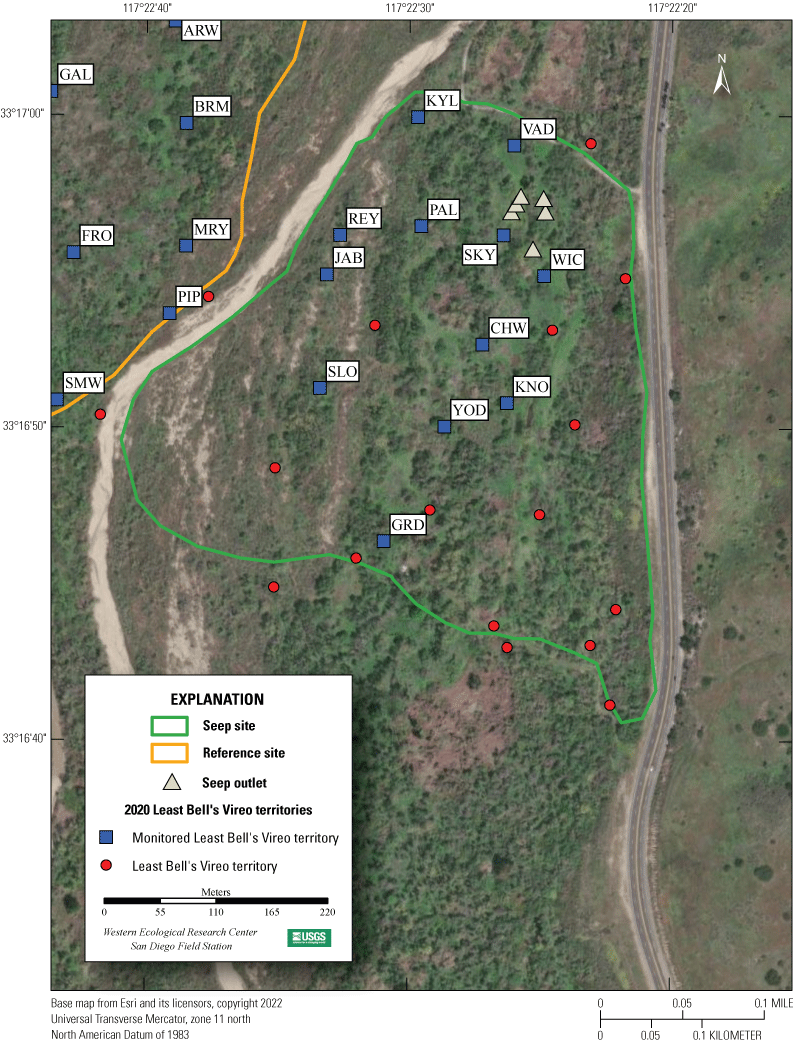 10. Aerial view of monitoring site; colored dots indicate vireo territories and seep
                           outlets.