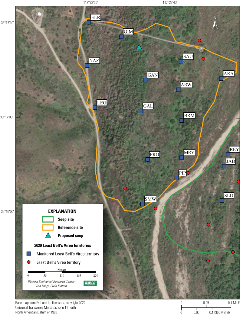 11. Aerial view of monitoring site; colored dots indicate vireo territories.