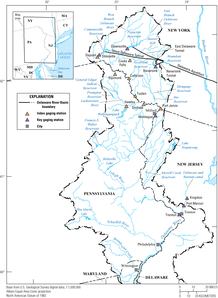 East and West Delaware Tunnels, Delaware Aqueduct, and Delaware River Basin rivers,
                     lakes, and reservoirs are also shown.