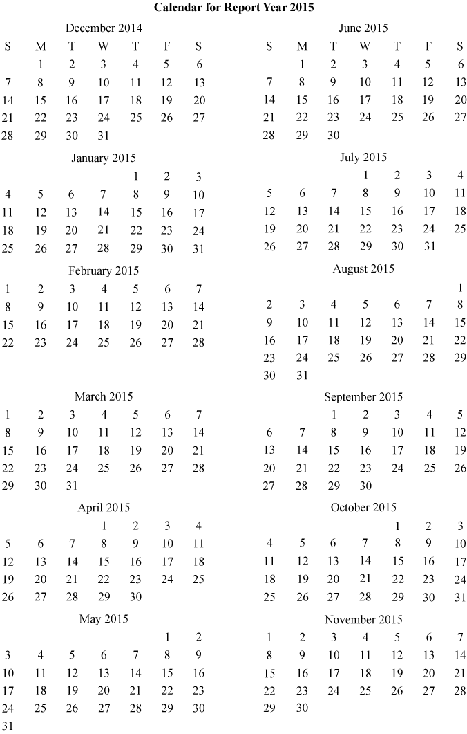 Monthly calendar for December 2014 through November 2015.