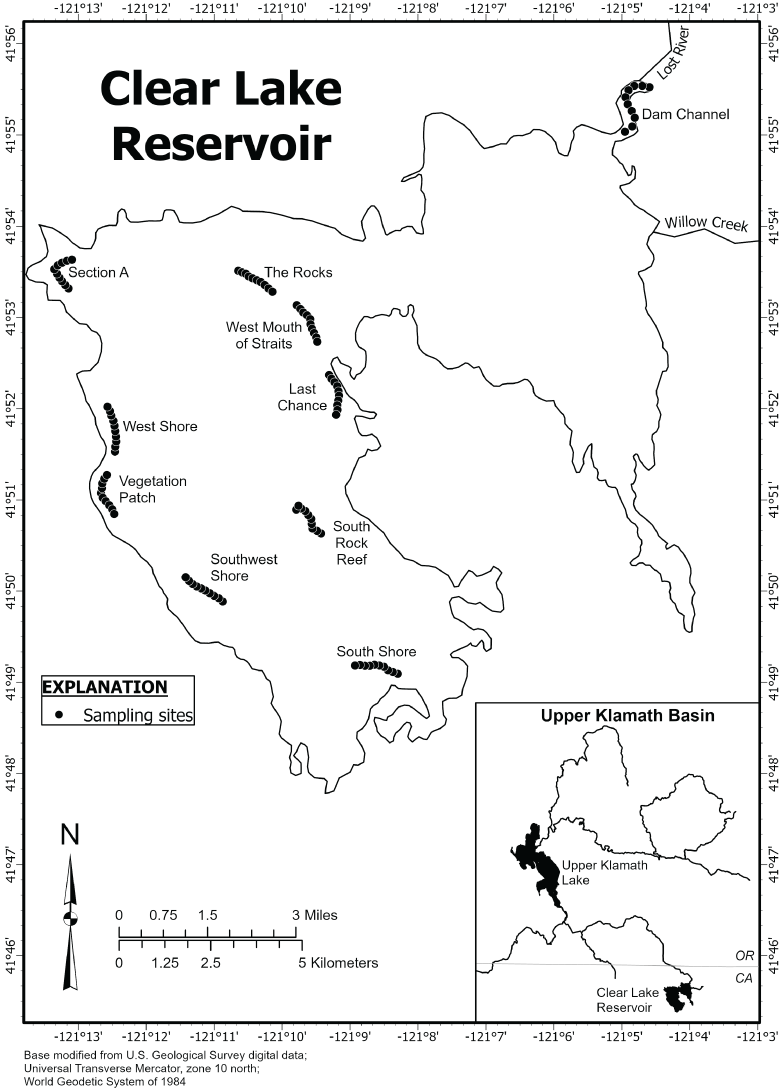 Sample sites are evenly distributed in the west lobe of Clear Lake, California with
                     one additional site located at the dam channel between the east lobe and the Lost
                     River.