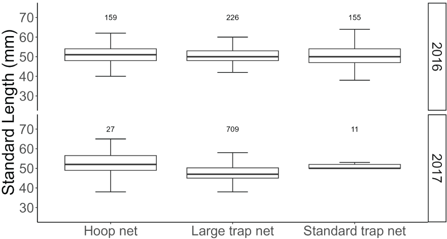 Boxplots for all gear types in both years show overlapping confidence intervals.