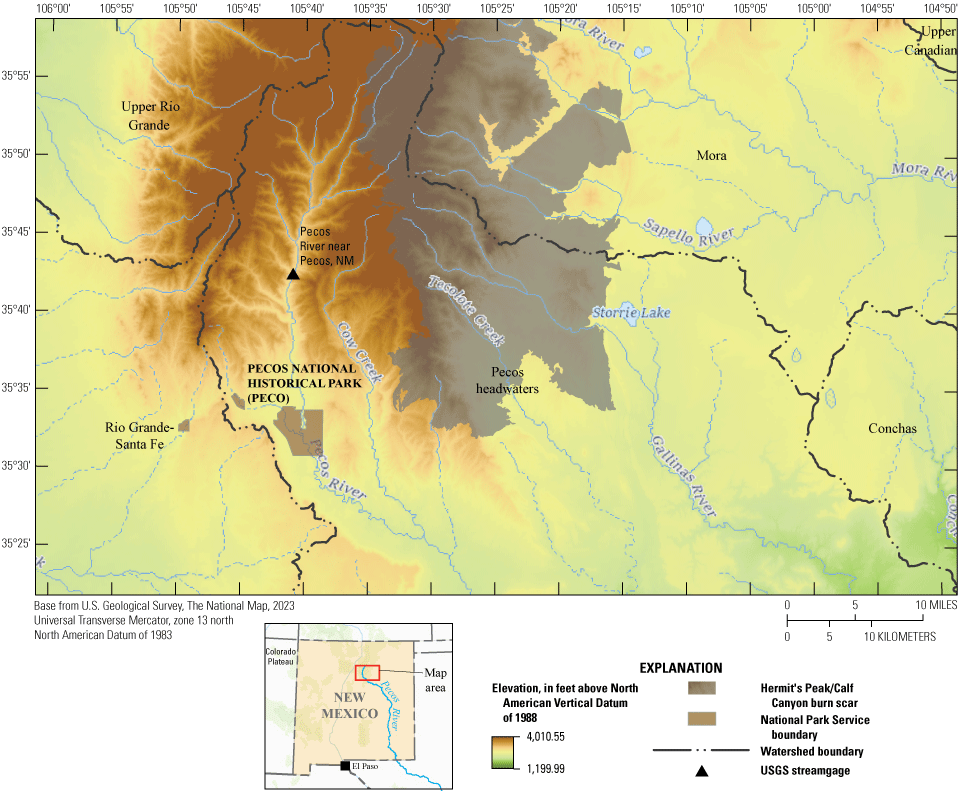 Maps shows Pecos River headwaters and other watershed locations in Pecos National
                     Historical Park, northern New Mexico.