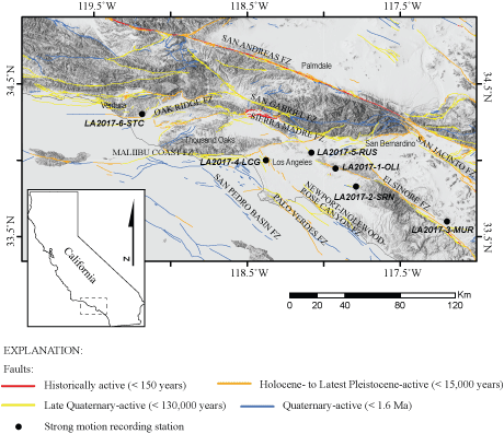 1.	Map shows locations of earthquake faults and strong-motion stations in Southern
                        California.