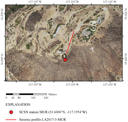 4.	Locations of seismic profile and strong-motion station near an electrical substation
                        in Murrieta, California.