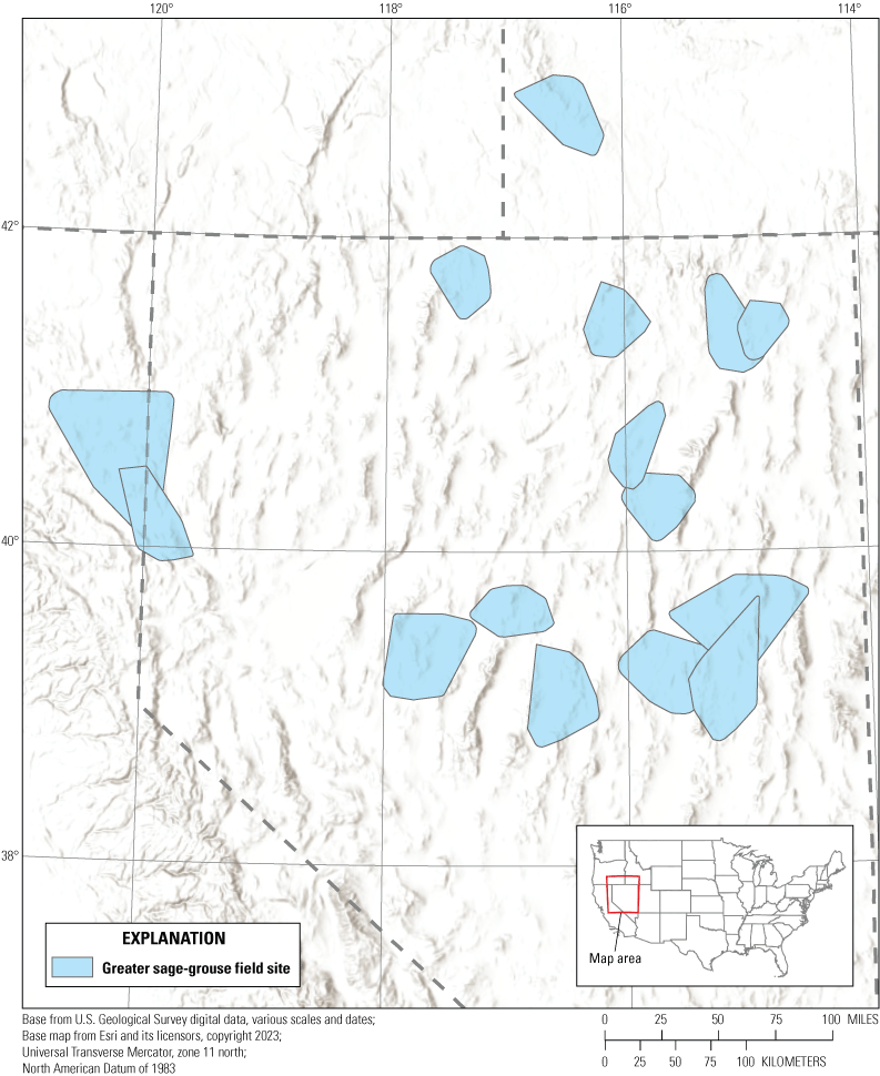1.	An overview of the 15 greater sage-grouse field sites. Most of the sites are in
                     Nevada, two overlap California and Nevada, and one is in Idaho.