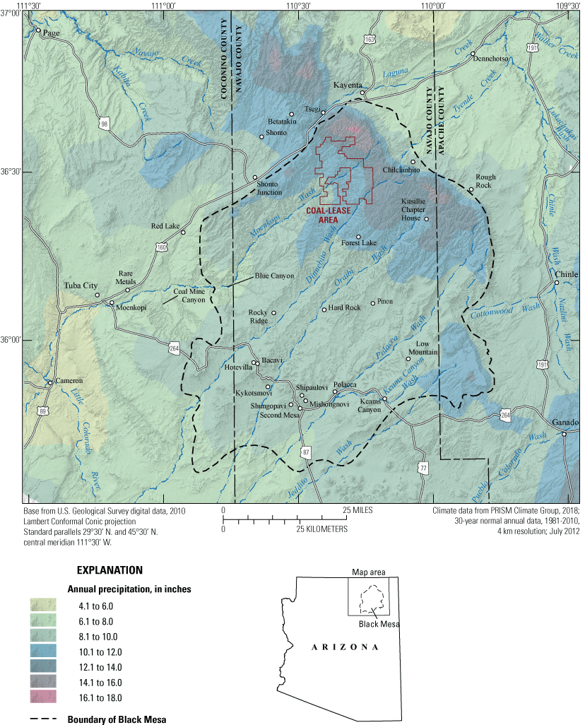 4.	Annual precipitation is higher in the northeastern part of the Black Mesa area,
                        Arizona.