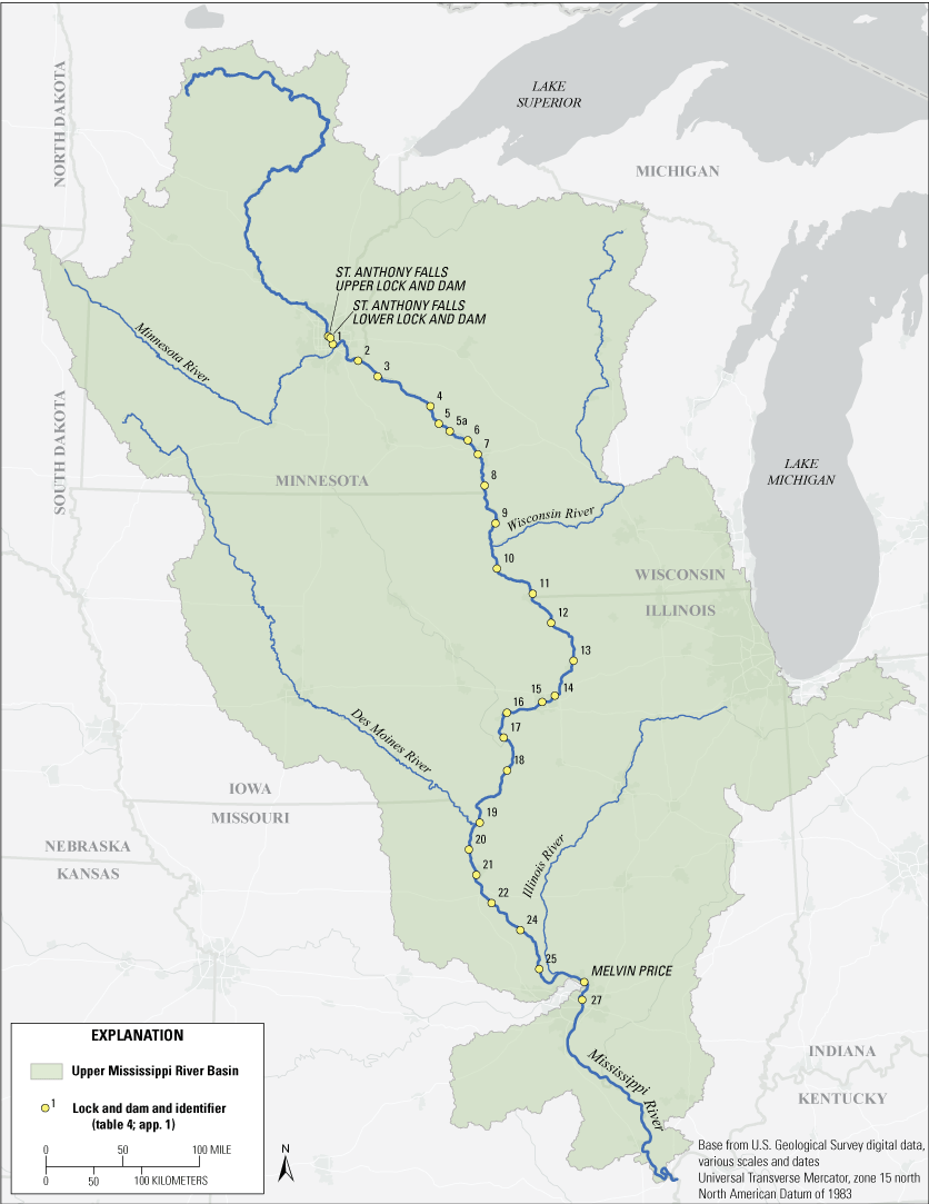Location of lock and dam systems on Mississippi River between Minnesota and Kentucky,
                           as well as major tributaries.