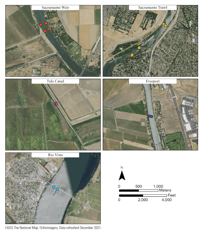 Points of receiver locations grouped by site in the Sacramento River and Tule Canal,
                           California, December 4, 2020–January 31, 2023.