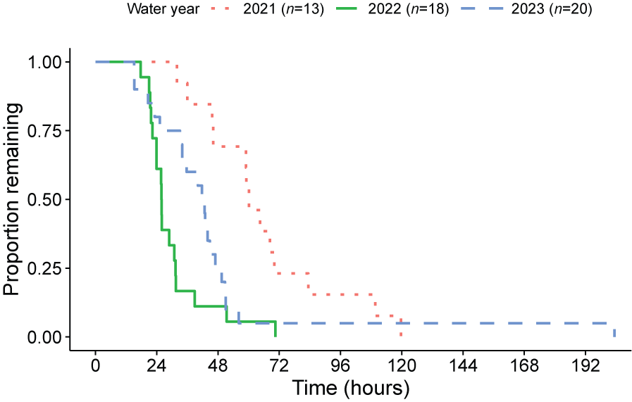 Travel time between the Sacramento Weir (river kilometer [rkm] 103) and Rio Vista
                        (rkm 21) sites in the Sacramento–San Joaquin River Delta, California, was from 24
                        to 120 hours for most fish in water years 2021–23 except one fish in water year 2023.