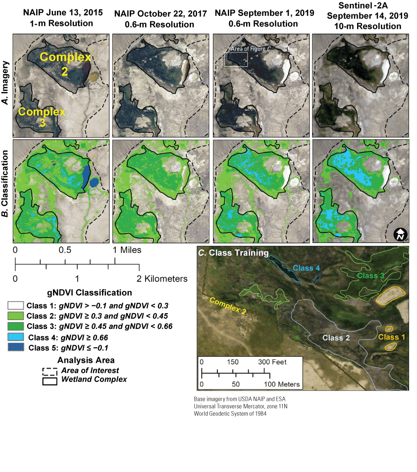 2.	The distribution of land cover types within wetland complexes 2 and 3 varies between
                        each image.