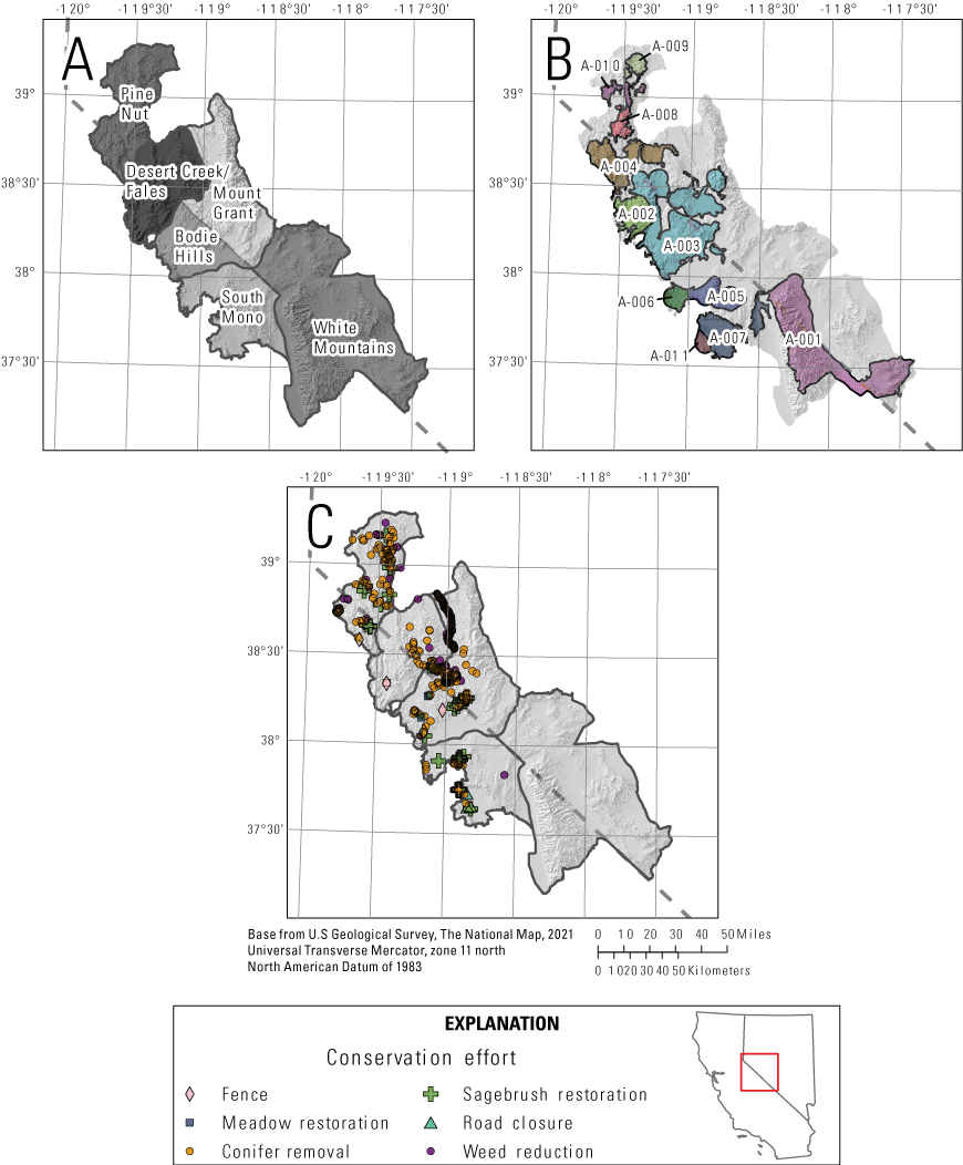 1. Population management units, subpopulations, and conservation efforts in the Bi-State
                     Distinct Population Segment.