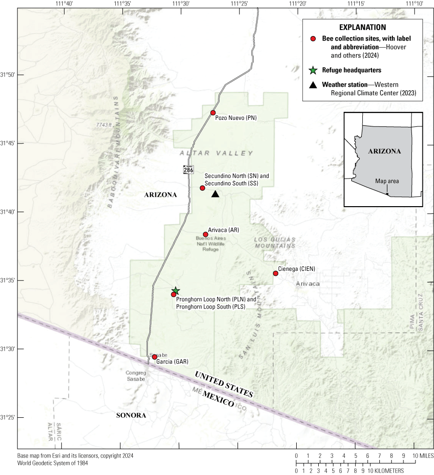 The Refuge is in south central Arizona. Four sites are located on the south north
                        axis and two are on the west and east ends of a road crossing the middle of the Refuge